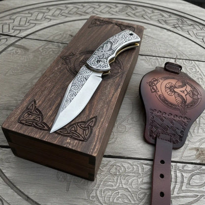 Hand Engraved Folding Knife — Eagle Motif Stainless Steel Scales