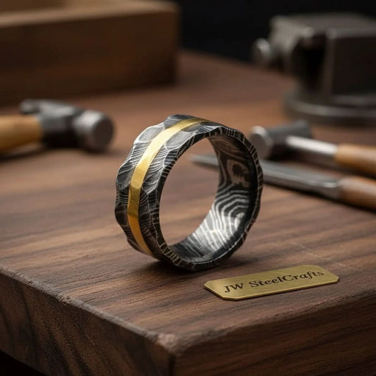 Mens Damascus Steel Wedding Band Hammered Finish with Brass Inlay