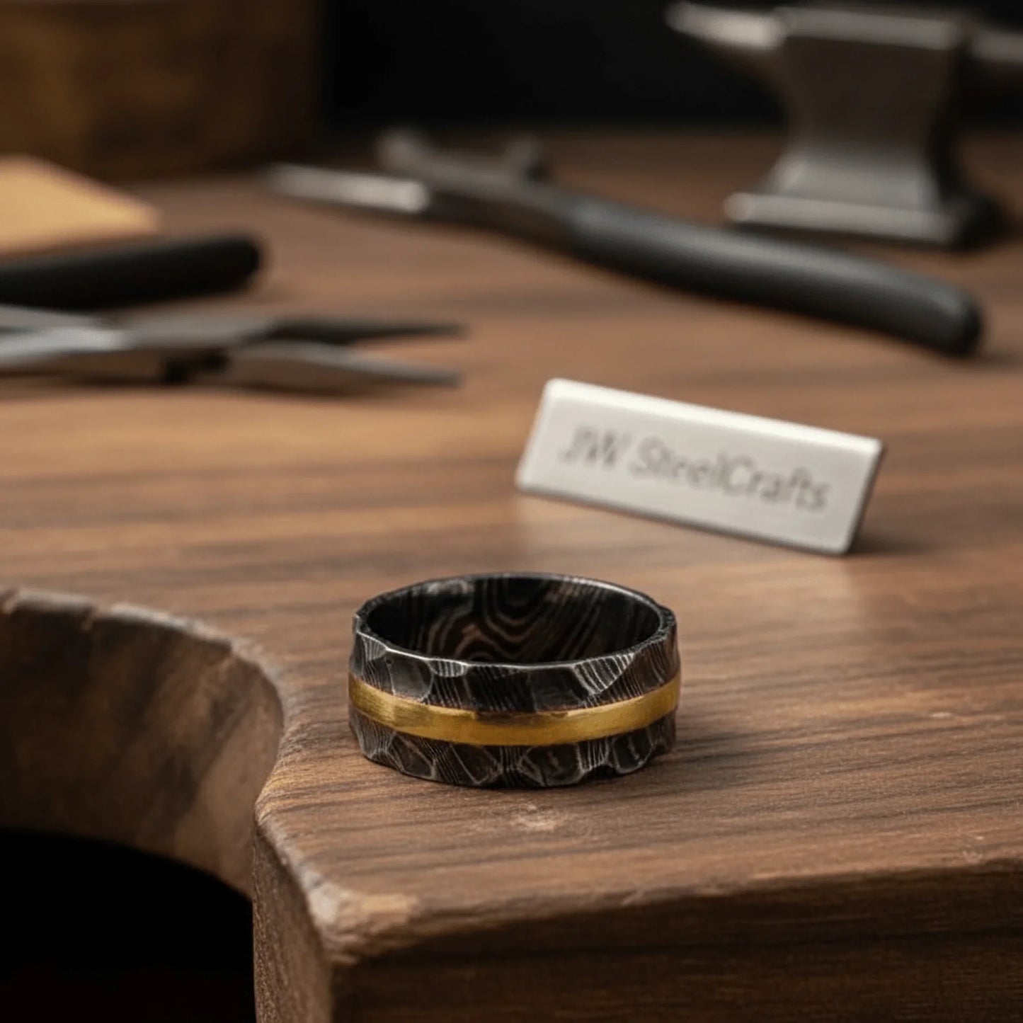 Mens Damascus Steel Wedding Band Hammered Finish with Brass Inlay