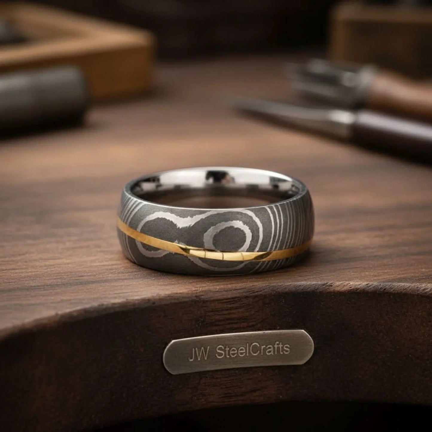 Mens Damascus Steel Wedding Band Raindrop Pattern with Brass Inlay