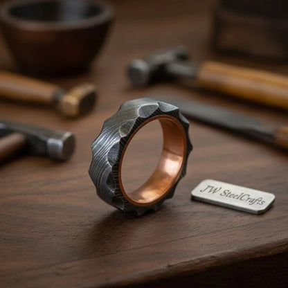 Damascus Steel Wedding Ring Hammered Texture with Copper Inner Band