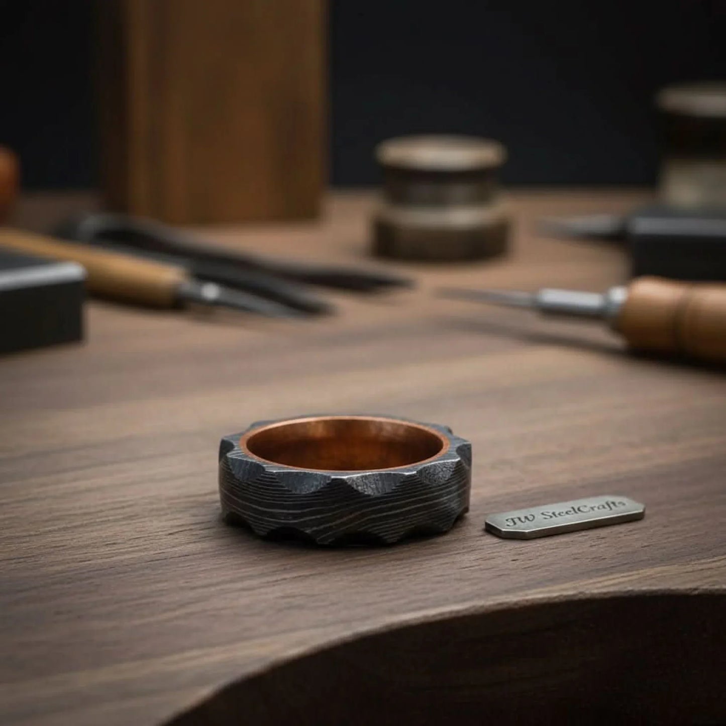 Damascus Steel Wedding Ring Hammered Texture with Copper Inner Band