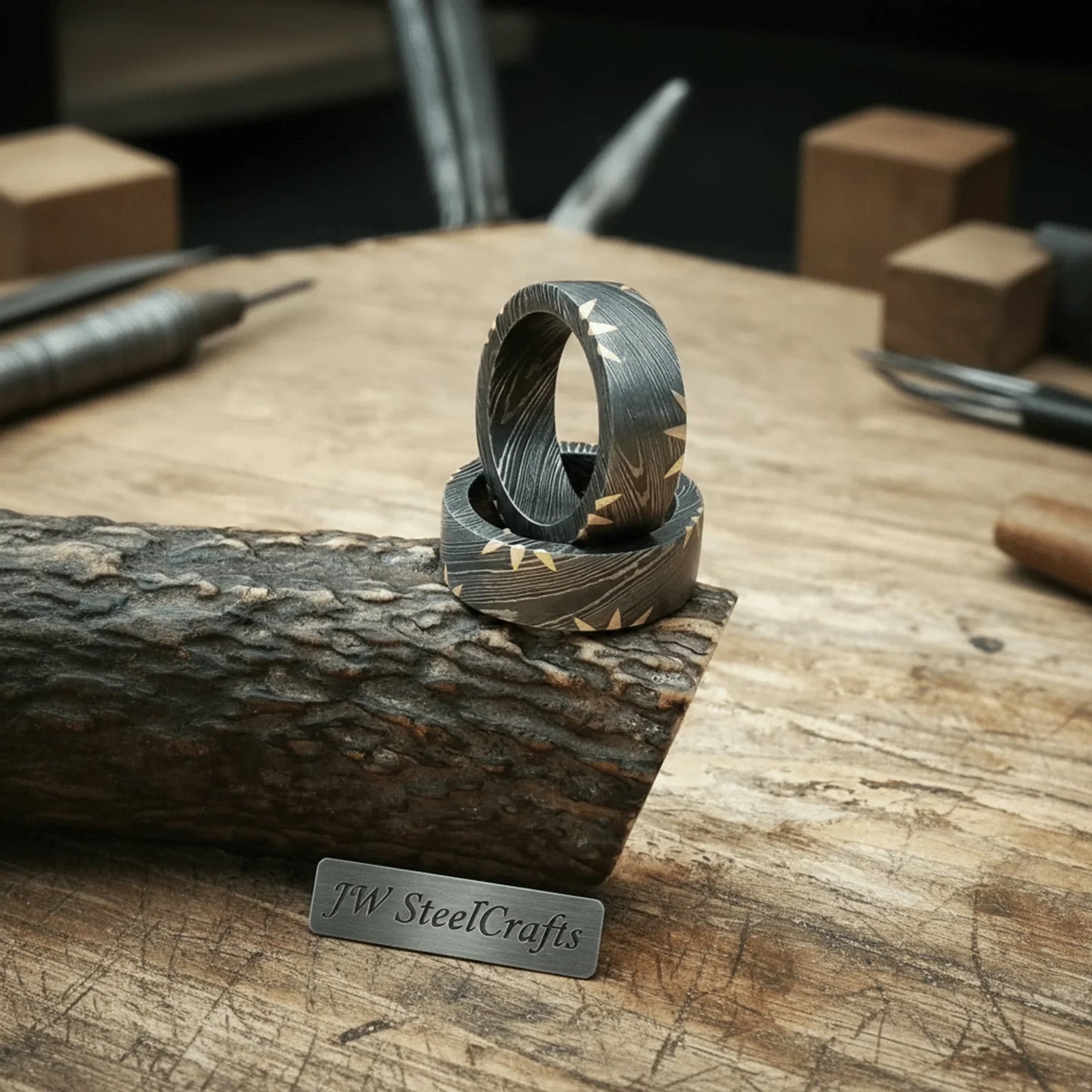 Mens Damascus Steel Wedding Band Brass Sunburst Inlay Handmade Ring