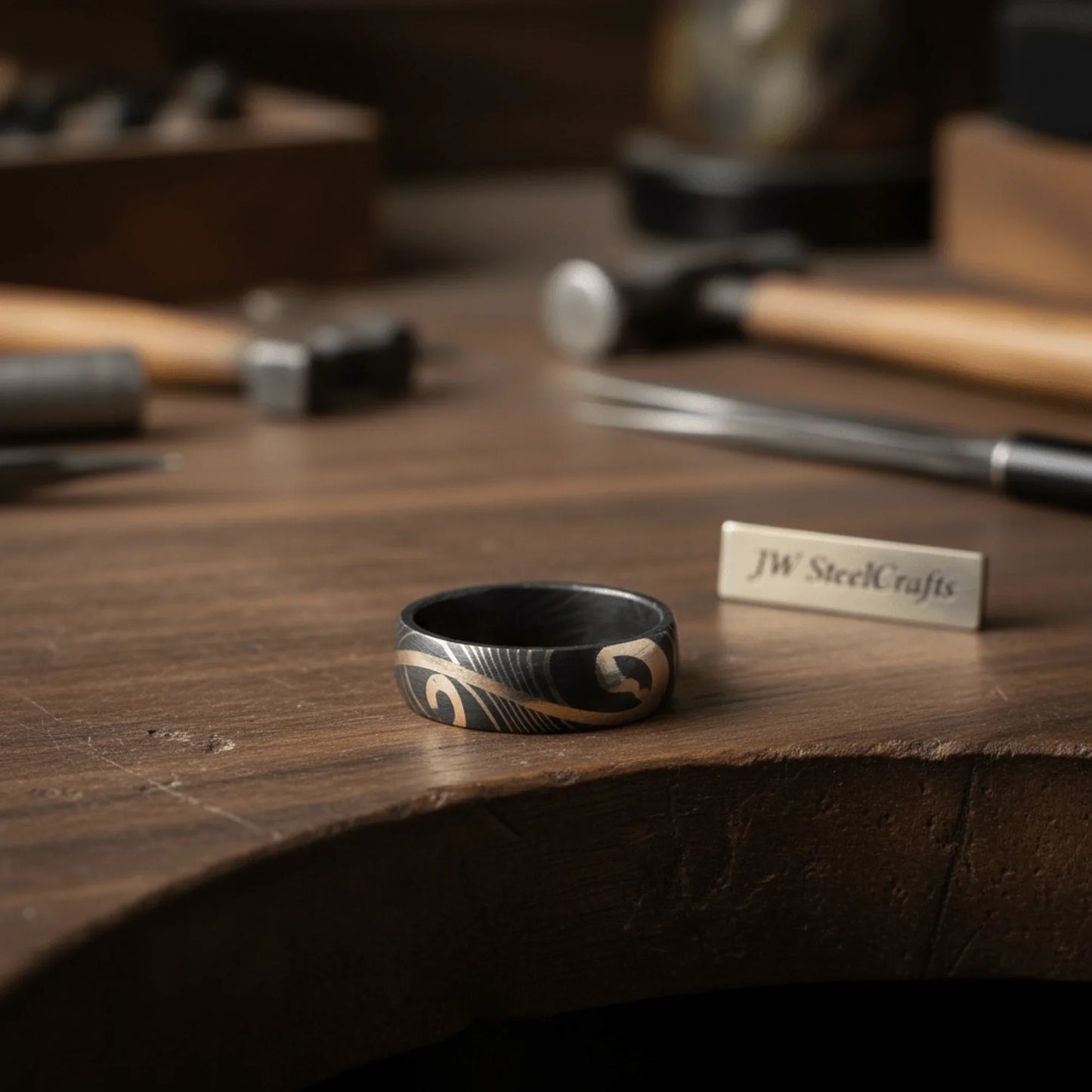 Damascus Steel Wedding Ring with Brass Swirl Inlay Band