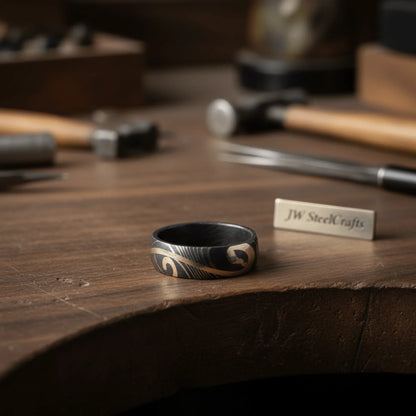 Damascus Steel Wedding Ring with Brass Swirl Inlay Band