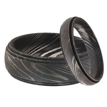 Damascus Steel Wedding Ring Set for Couples Black Pattern Wedding Bands