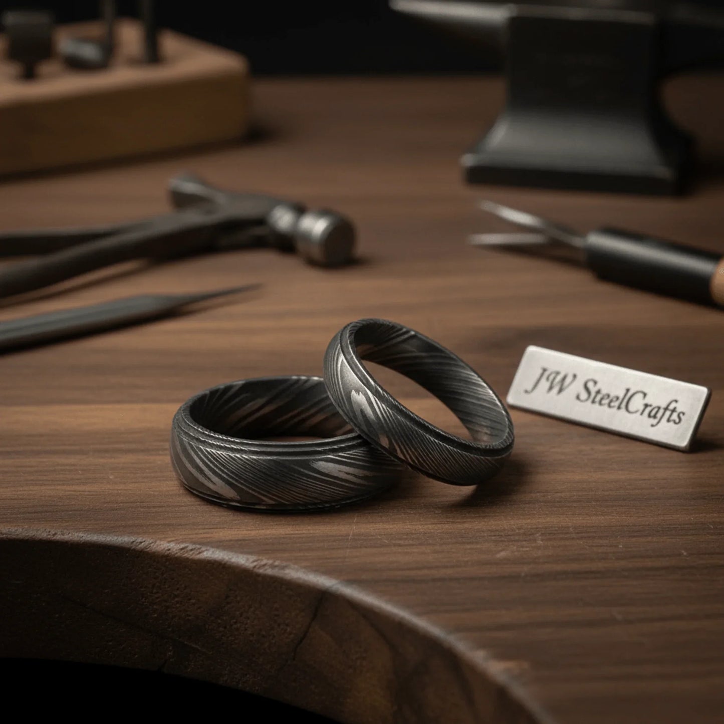 Damascus Steel Wedding Ring Set for Couples Black Pattern Wedding Bands