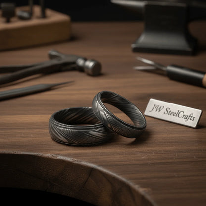 Damascus Steel Wedding Ring Set for Couples Black Pattern Wedding Bands