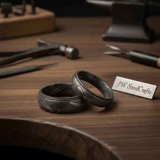 Damascus Steel Wedding Ring Set for Couples Black Pattern Wedding Bands