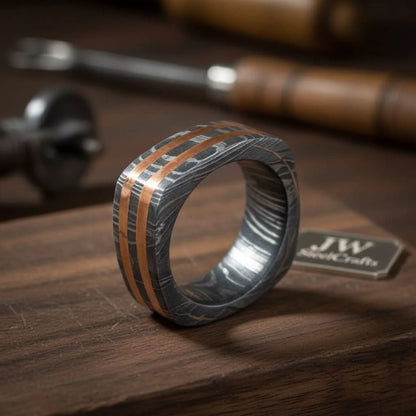 Damascus Steel Wedding Ring Double Copper Inlay Handmade Band