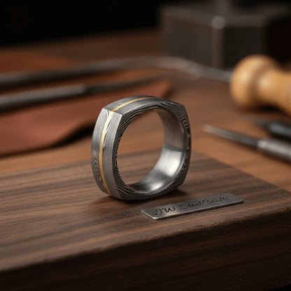 Damascus Steel Wedding Ring Faceted Band with Brass Inlay