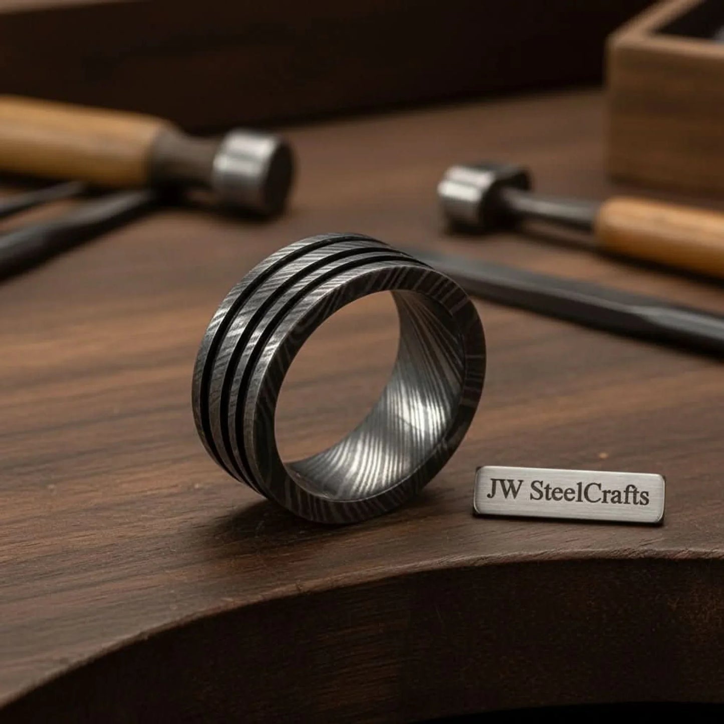 Mens Damascus Steel Wedding Band Wide Triple Groove Pattern Ring