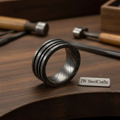 Mens Damascus Steel Wedding Band Wide Triple Groove Pattern Ring