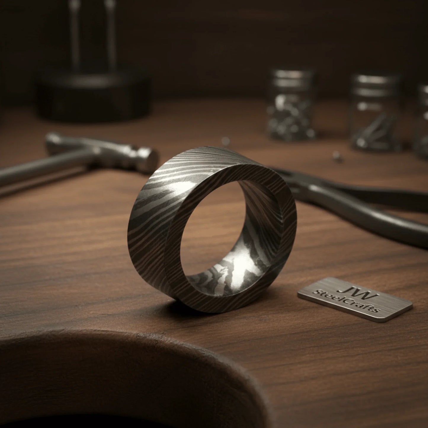 Mens Wide Damascus Steel Wedding Band Thick Handmade Pattern Ring
