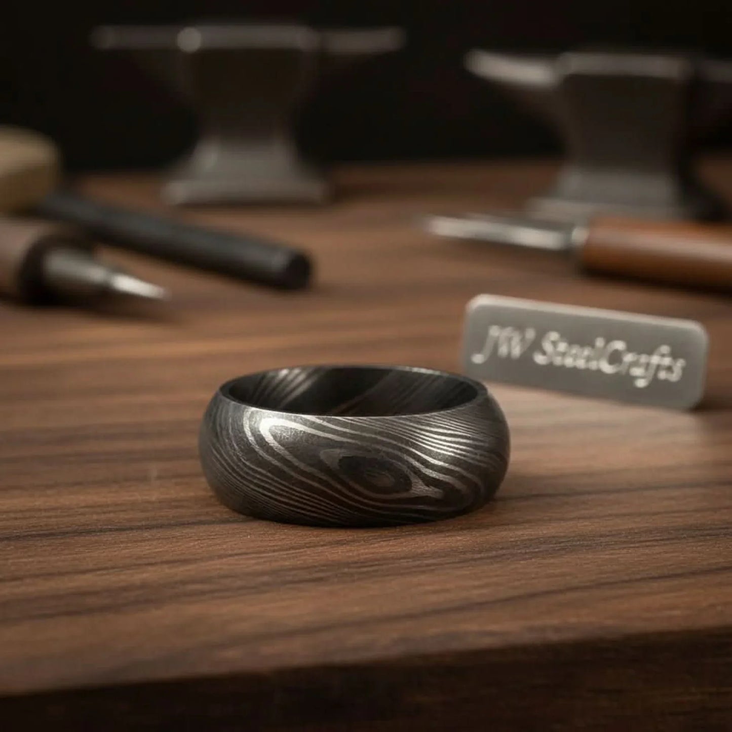 Mens Damascus Steel Wedding Band Classic Domed Comfort Fit Ring