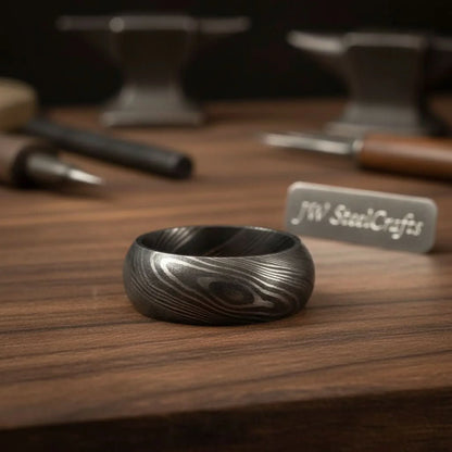 Mens Damascus Steel Wedding Band Classic Domed Comfort Fit Ring