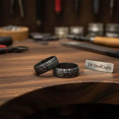 Black Damascus Steel Wedding Ring Set Double Groove Couple Bands