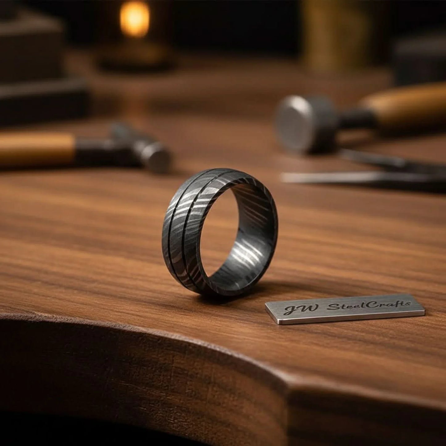 Black Damascus Steel Wedding Ring Set Double Groove Couple Bands