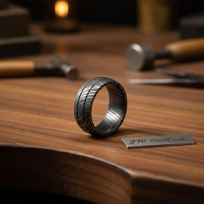 Black Damascus Steel Wedding Ring Set Double Groove Couple Bands