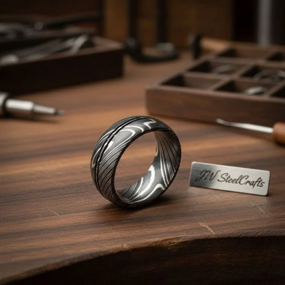 Mens Damascus Steel Wedding Band Double Center Groove Pattern Ring