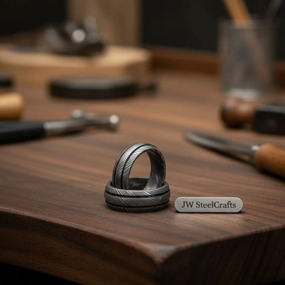 Damascus Steel Wedding Band Set for Couples Twisted Damascus Rings
