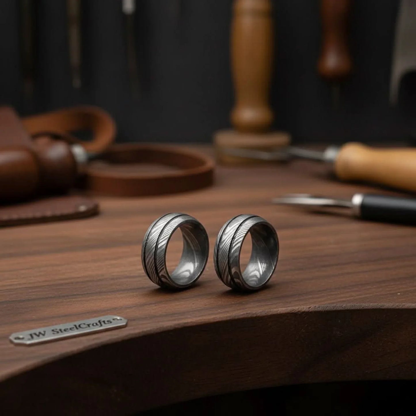 Damascus Steel Wedding Band Set for Couples Twisted Damascus Rings