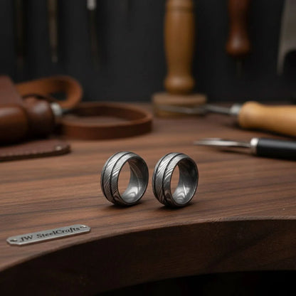 Damascus Steel Wedding Band Set for Couples Twisted Damascus Rings