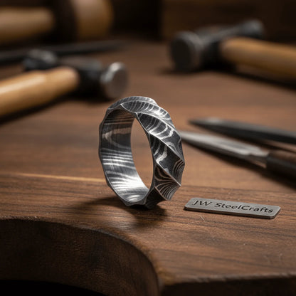 Mens Damascus Steel Twisted Faceted Wedding Band Handmade Ring