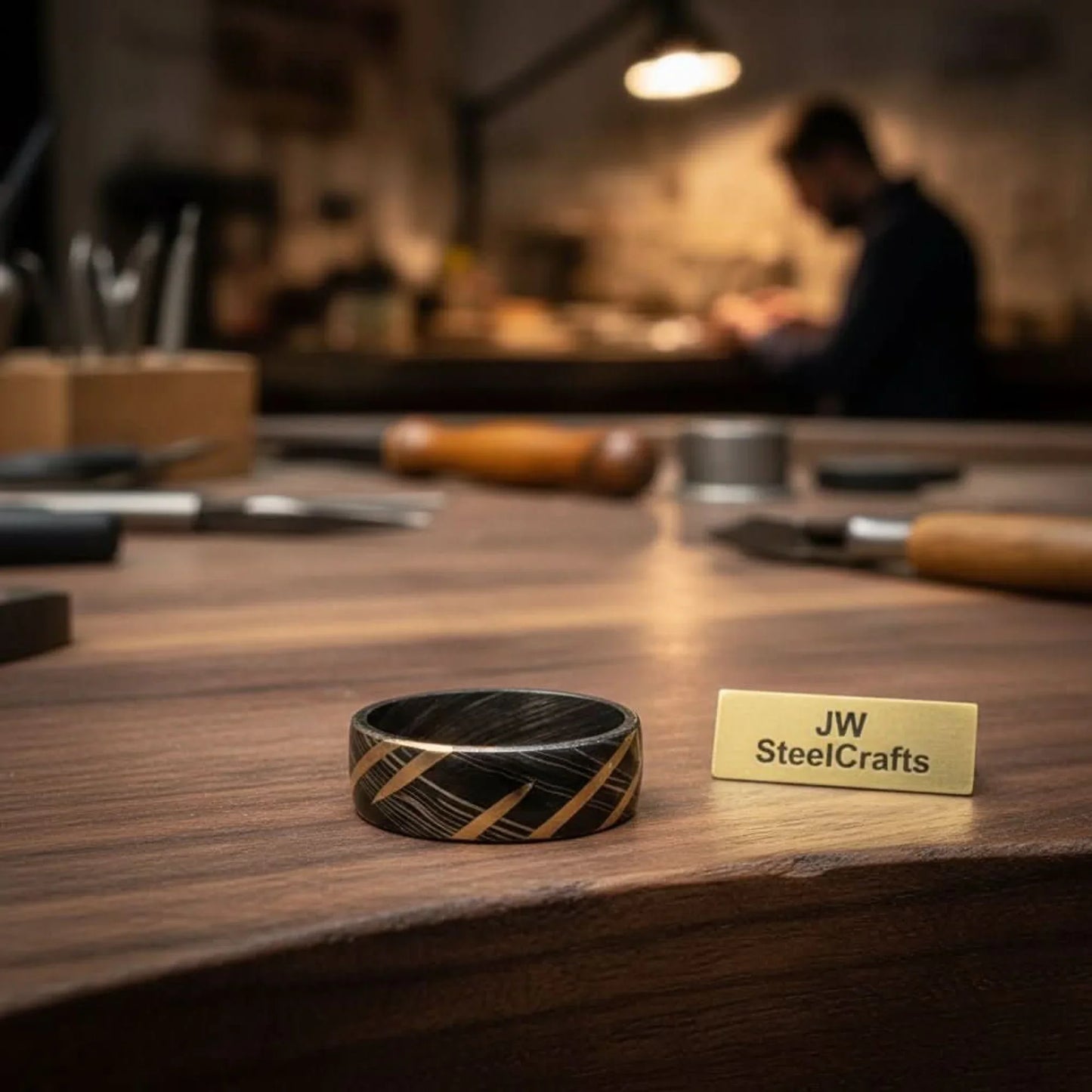 Mens Damascus Steel Wedding Band with Diagonal Brass Inlay Design