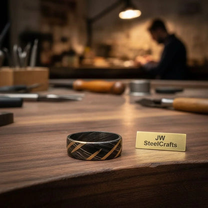 Mens Damascus Steel Wedding Band with Diagonal Brass Inlay Design