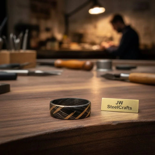 Mens Damascus Steel Wedding Band with Diagonal Brass Inlay Design