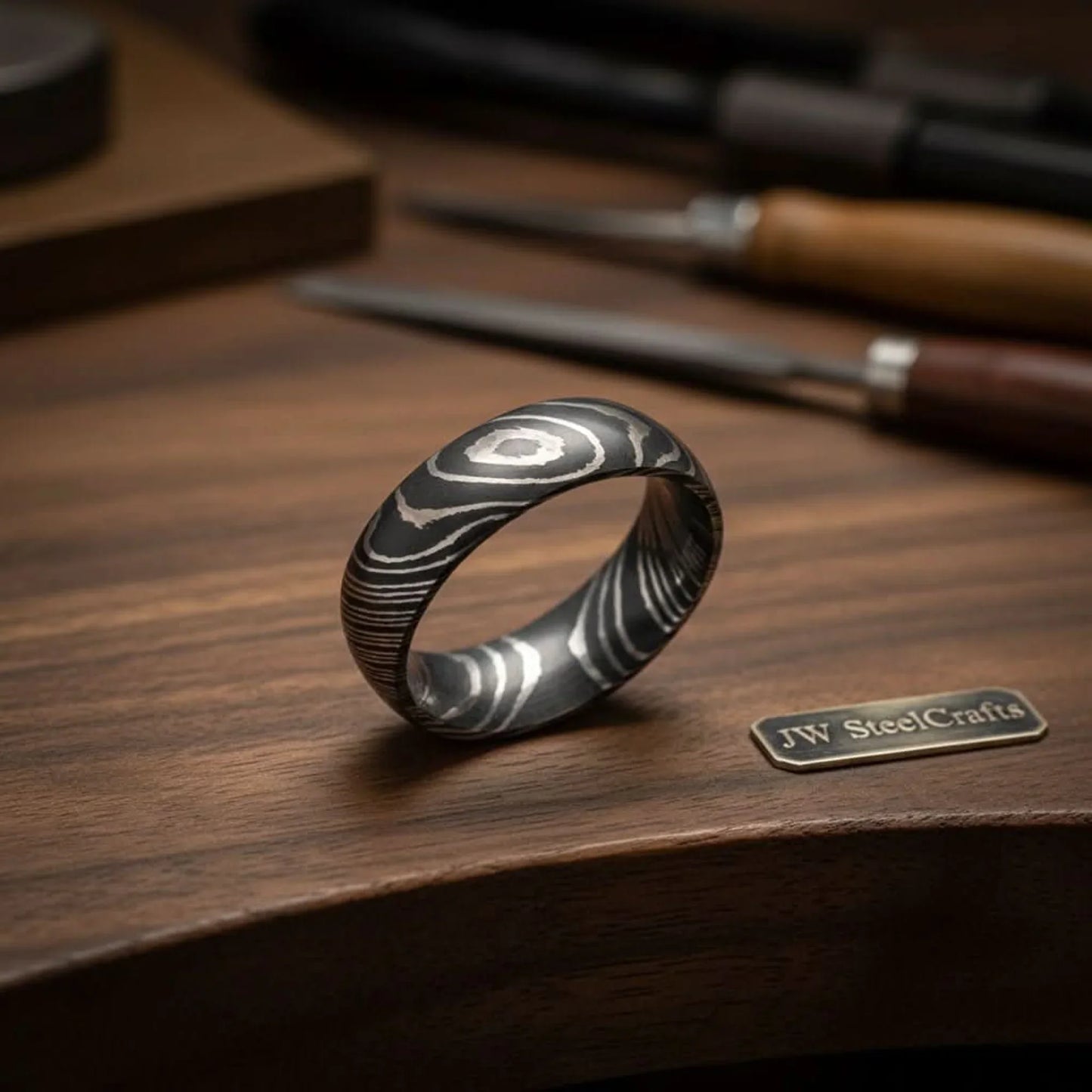 Mens Damascus Steel Wedding Band Raindrop Pattern Handmade Ring
