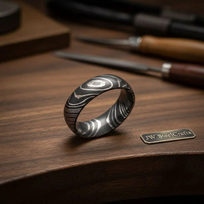 Mens Damascus Steel Wedding Band Raindrop Pattern Handmade Ring