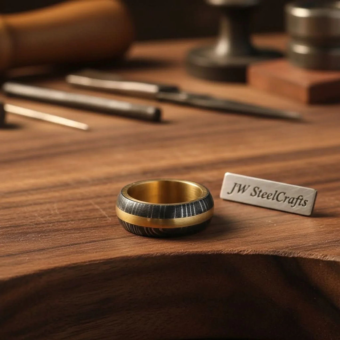 Damascus Steel Wedding Ring Twisted Pattern with Brass Inlay Band