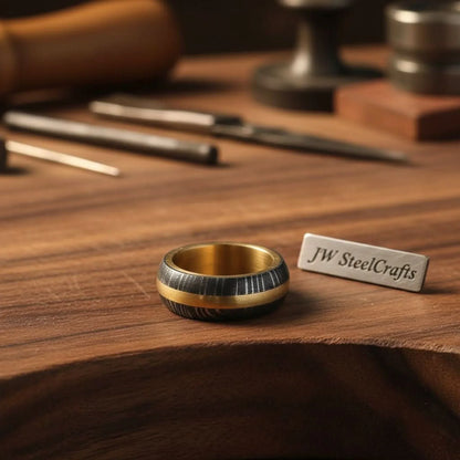 Damascus Steel Wedding Ring Twisted Pattern with Brass Inlay Band