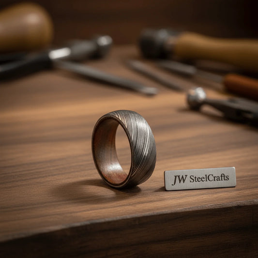 Mens Damascus Steel Wedding Band With Wood Liner Handmade Ring