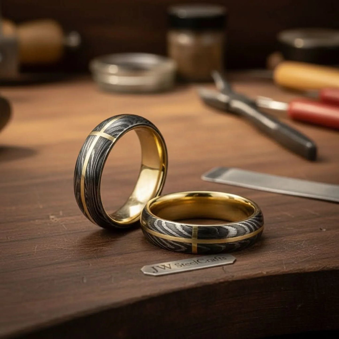 Damascus Steel Wedding Ring Set Brass Cross Inlay Couple Bands