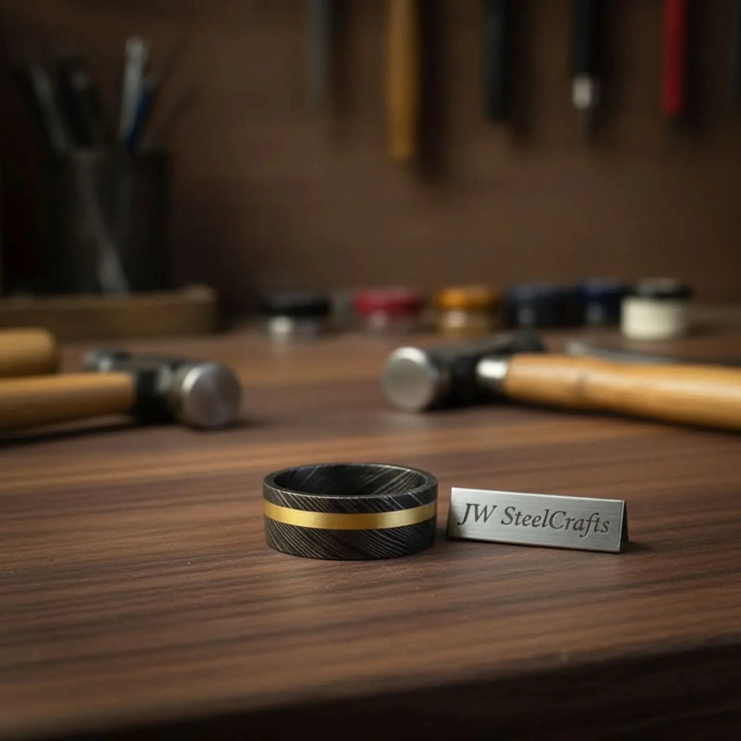 Mens Damascus Steel Wedding Band With Brass Inlay Handmade Ring