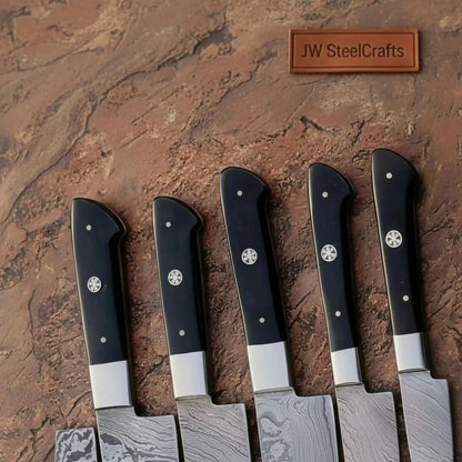 Forged 6-Piece Damascus Carving and Slicer Knife Set with Long Damascus Blades, Black Resin Handles