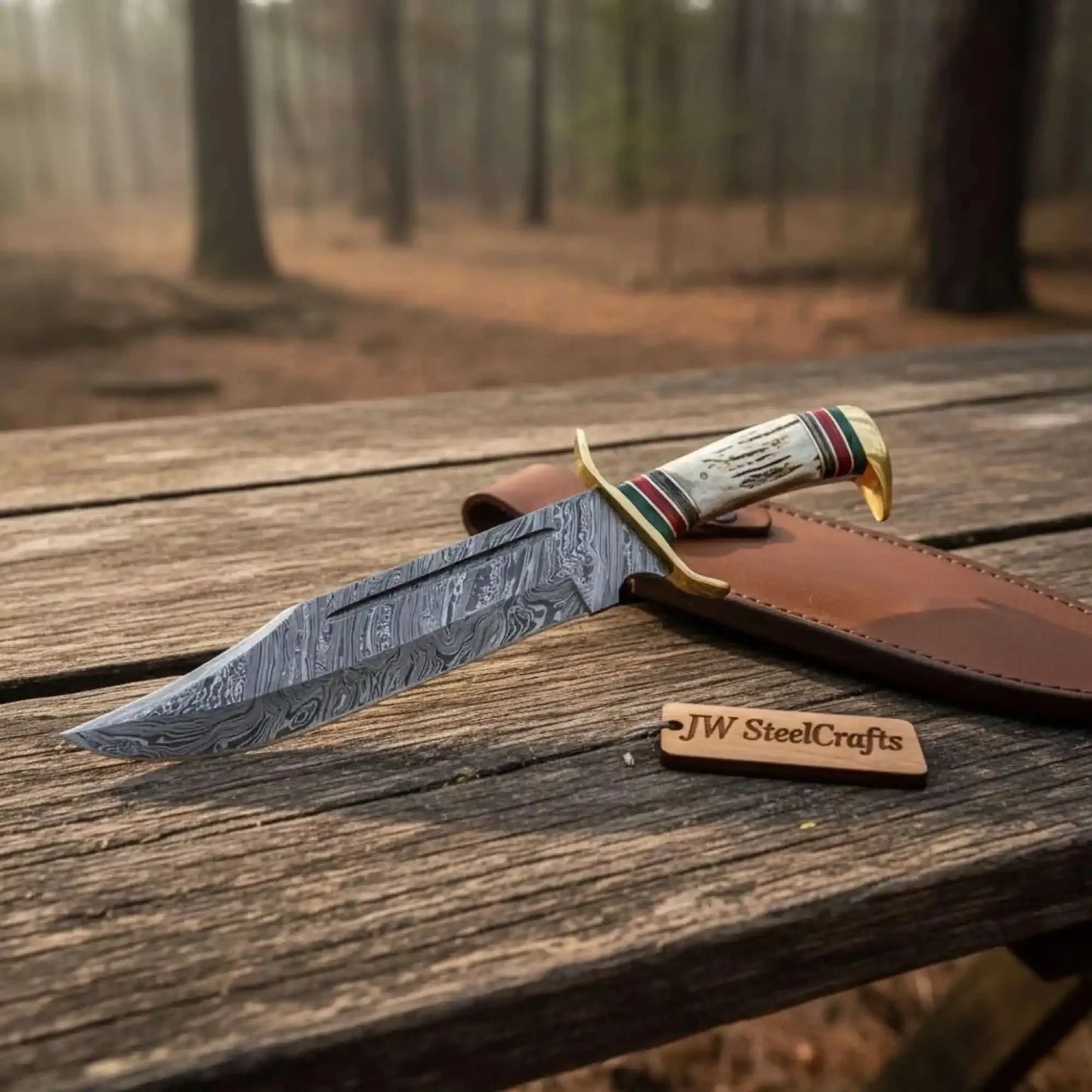 Handmade Coffin Handle Damascus Clip Point Bowie Knife with Stag Horn