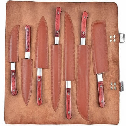 7-Piece Damascus Kitchen Knife Set — Chef, Nakiri, Bread Knife and Cleaver, Red Pakka Wood Handles