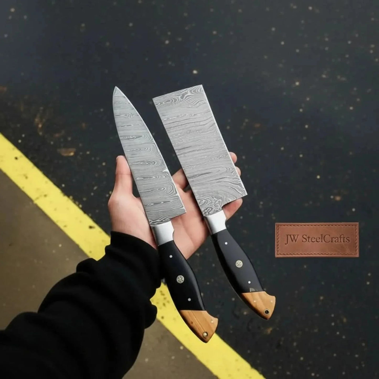 Premium Damascus Cleaver and Santoku knife Set — Olive Wood & Black Resin Handles, Full Tang Chef Knives