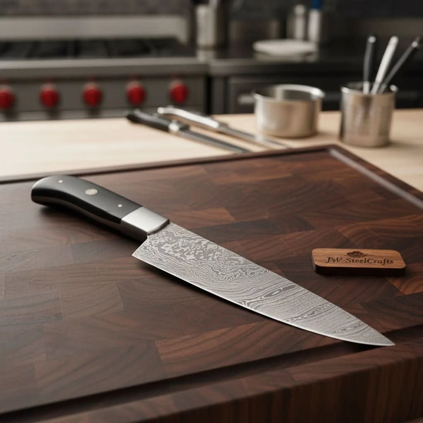 Handcrafted Damascus Steel Chef Knife, Black Resin Handle, Japanese Kitchen Blade by JW SteelCrafts