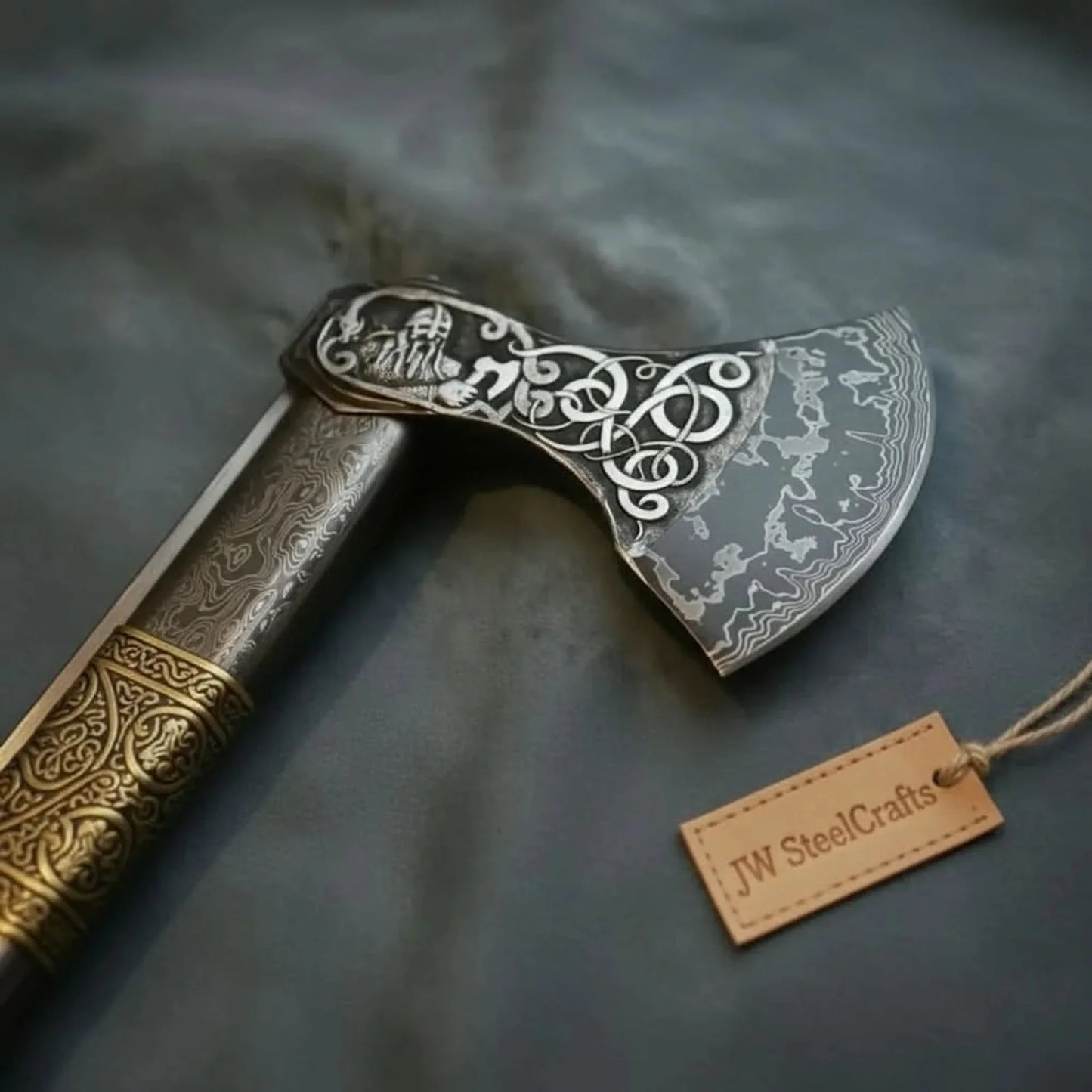 Hand Engraved Damascus Viking Axe with Carved Hardwood Handle and Matching Damascus Knife | Norse Collector Axe Set | JW SteelCrafts