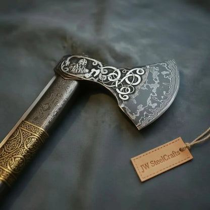 Hand Engraved Damascus Viking Axe with Carved Hardwood Handle and Matching Damascus Knife | Norse Collector Axe Set | JW SteelCrafts
