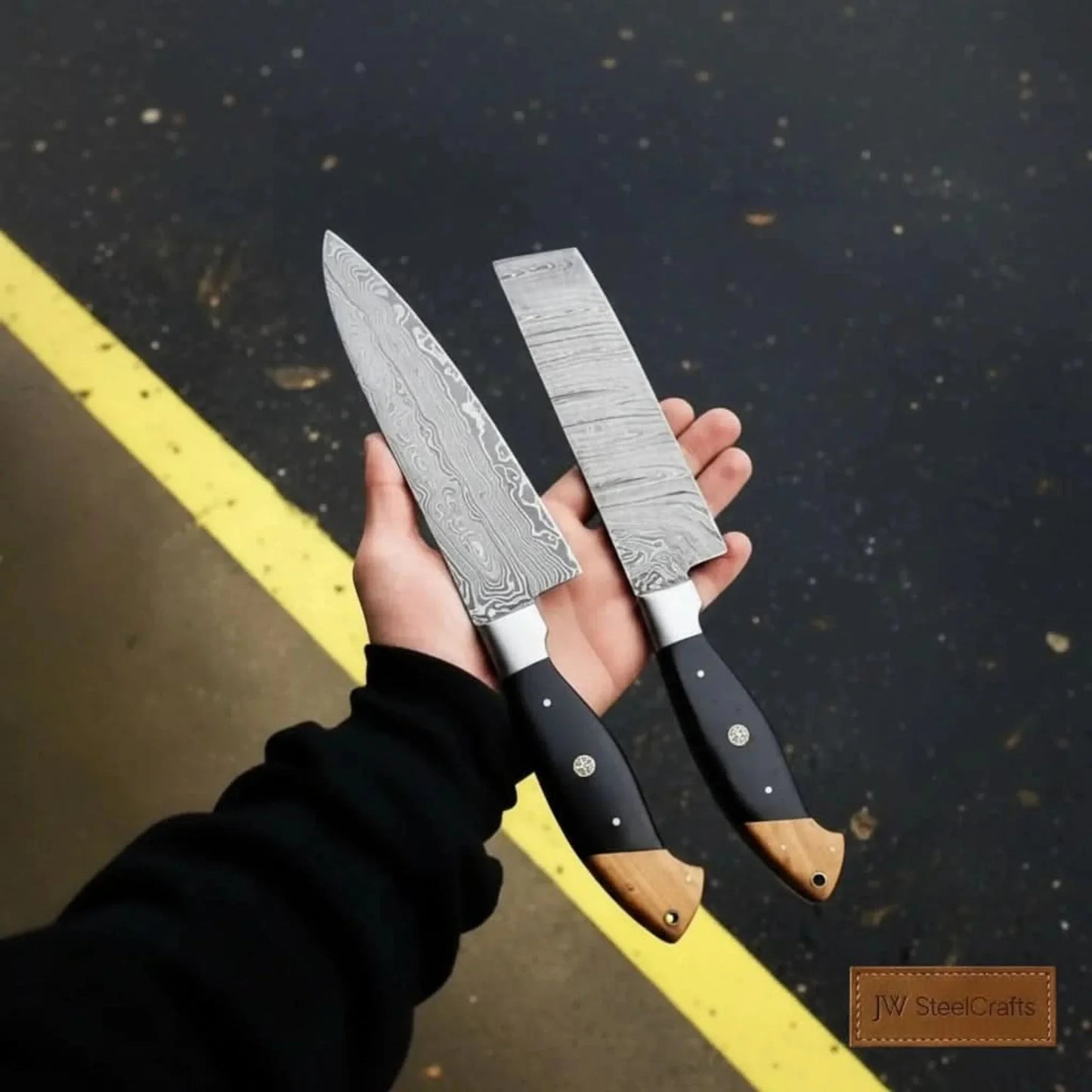 Japanese Damascus Kitchen Knife Pair – Gyuto & Nakiri | 13” Chef Knife & 12” Cleaver, Olive Wood Handle, Full Tang
