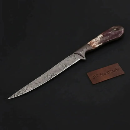 Custom Handmade Damascus Steel Boning Knife With Colour Bone Handle  with Leather Sheath