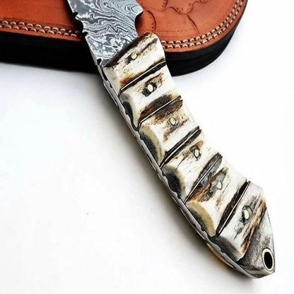 9' Handmade Damascus Skinner Knife with Stag Bone Handle and Gut Hook Blade
