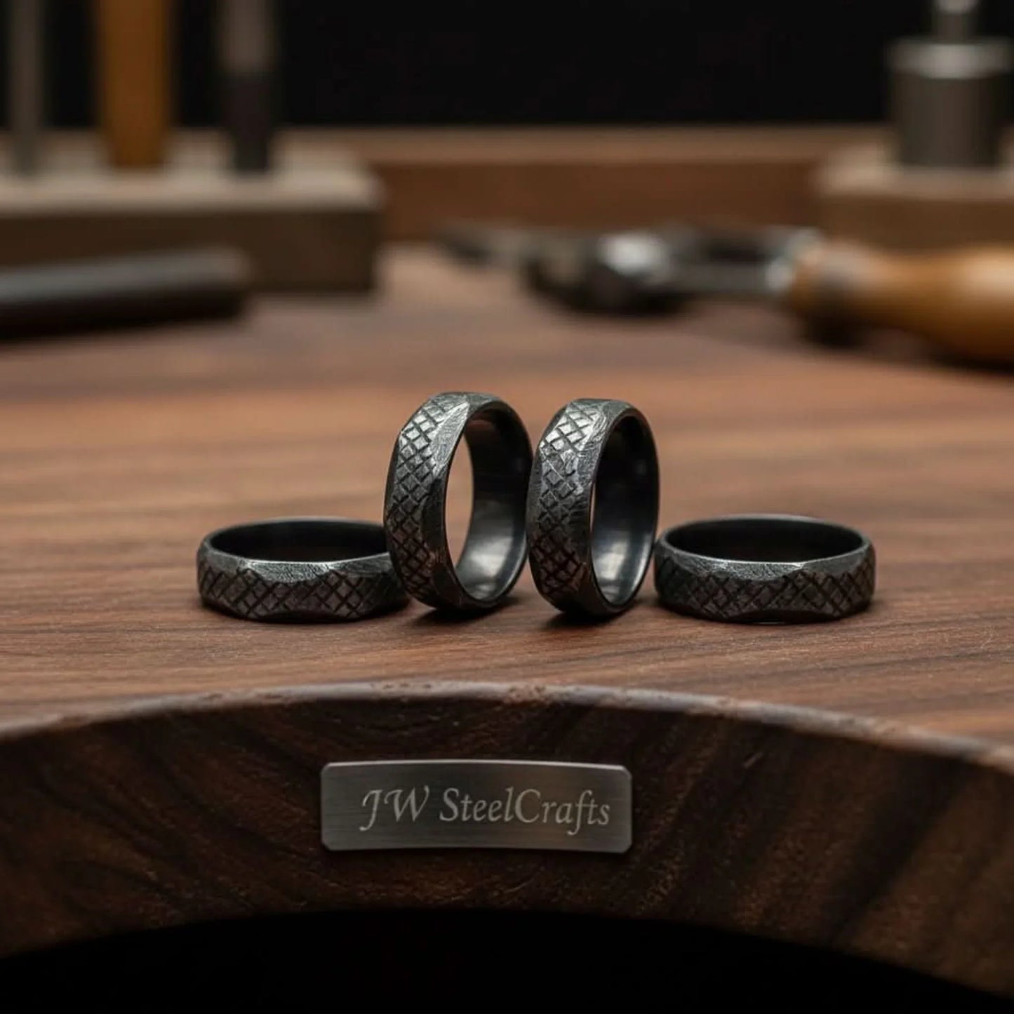 Black Damascus Steel Wedding Ring Hand Filed Texture Band