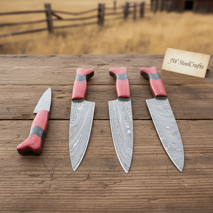 5-Piece Damascus Carving Knife Set Red Pakka Black Resin with Wood Grain Damascus Blades